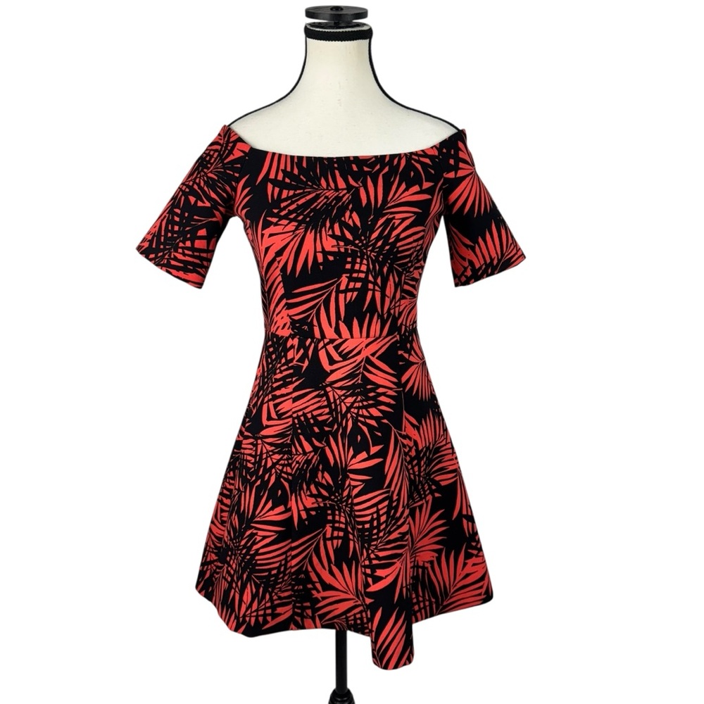 Zara Tropical Palm Print Off Shoulder Fit & Flare Mini Dress Red Black Size S - Picture 2 of 11